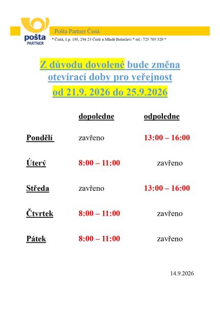 Dovolená od&nbsp;21.9. do&nbsp;25.9. 2026